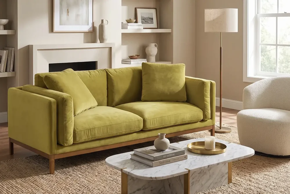 Castlery Owen velvet sofa, compact with a low back