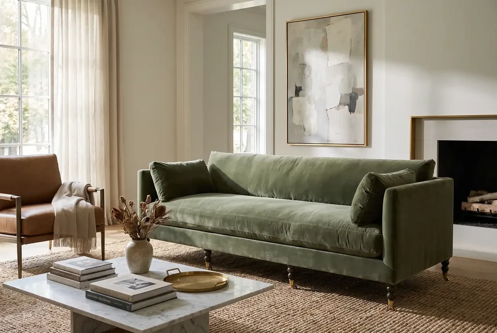 Rowe Madeline 90-inch velvet sofa in Antiqued Moss sage green