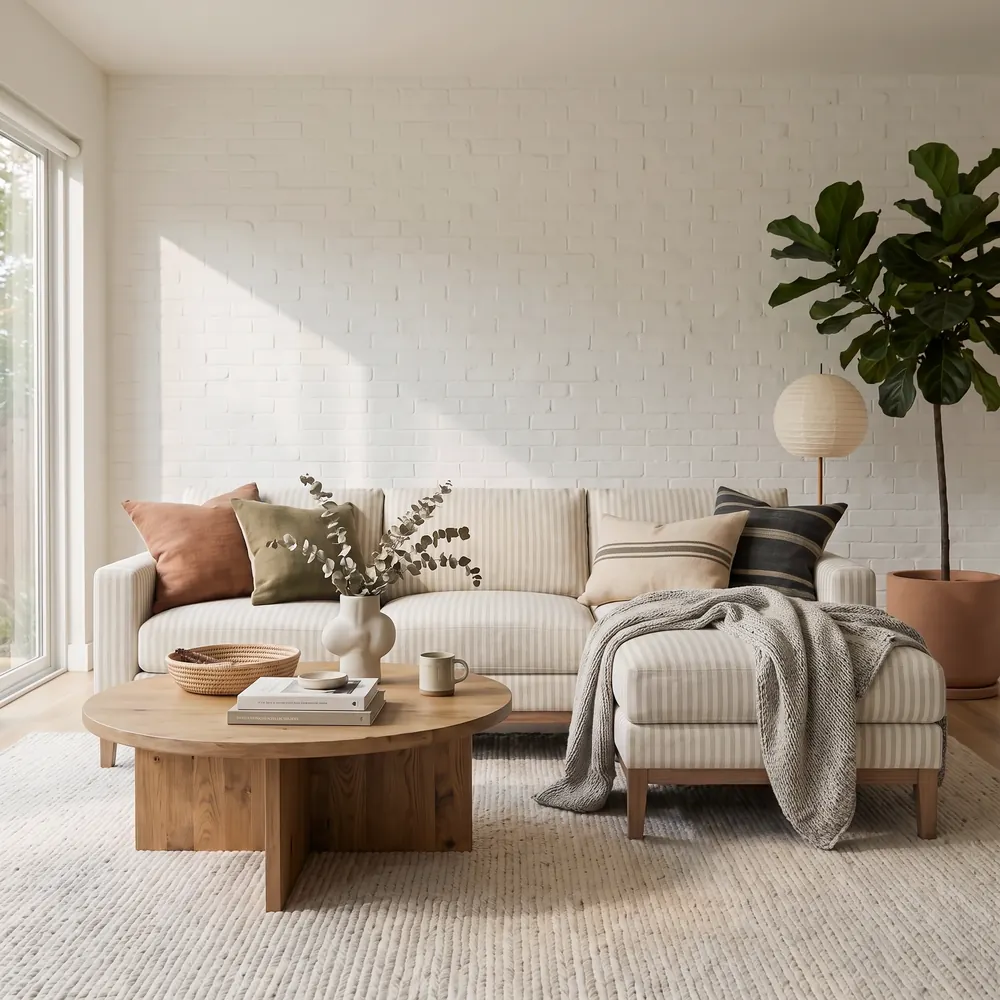 Cream striped sectional sofa with a chaise, throw pillows and a knit blanket in a bright Scandinavian living room