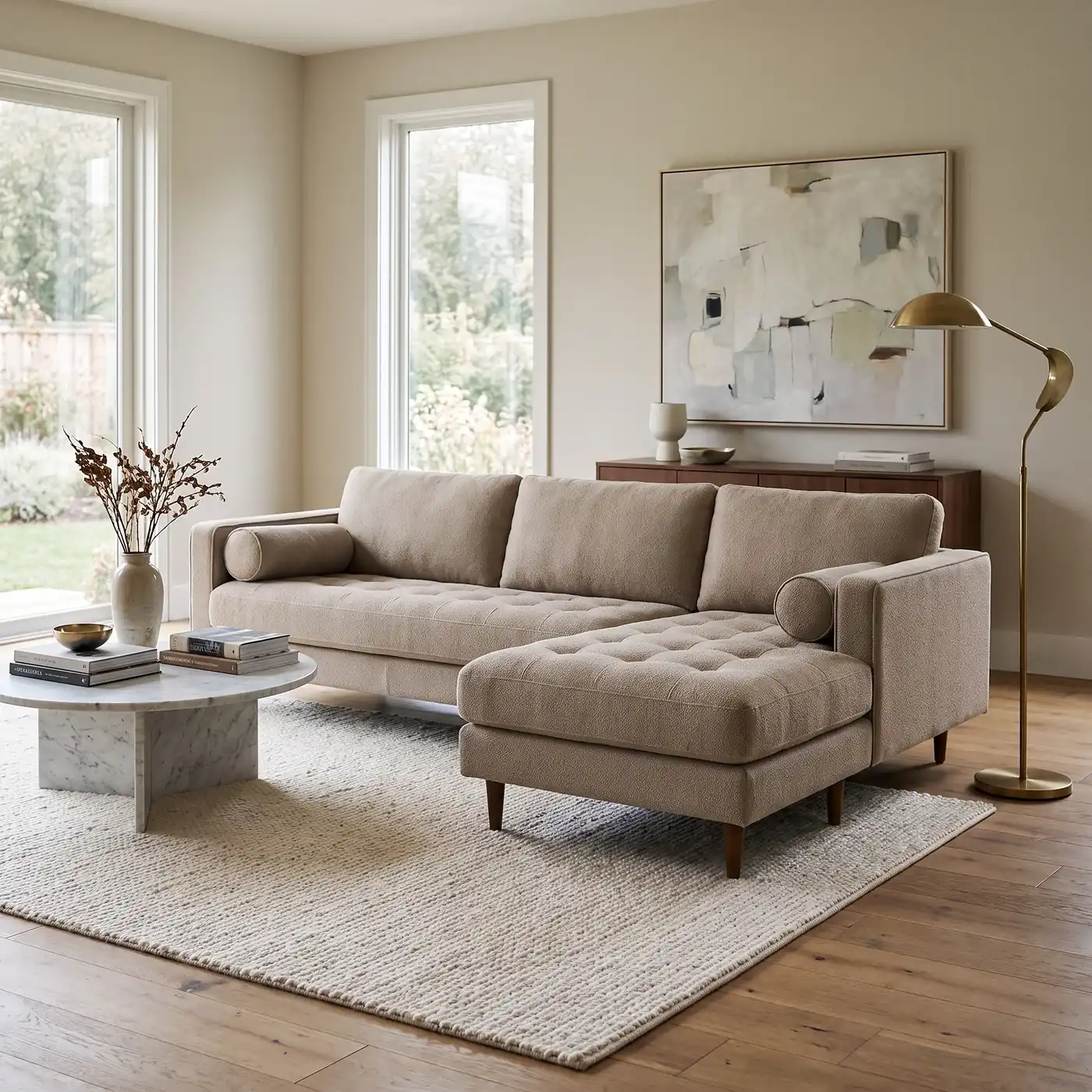 Article Sven 100 sectional in warm taupe with a tufted bench seat, bolster cushions and tapered walnut legs, right-facing chaise in a sunlit mid-century living room