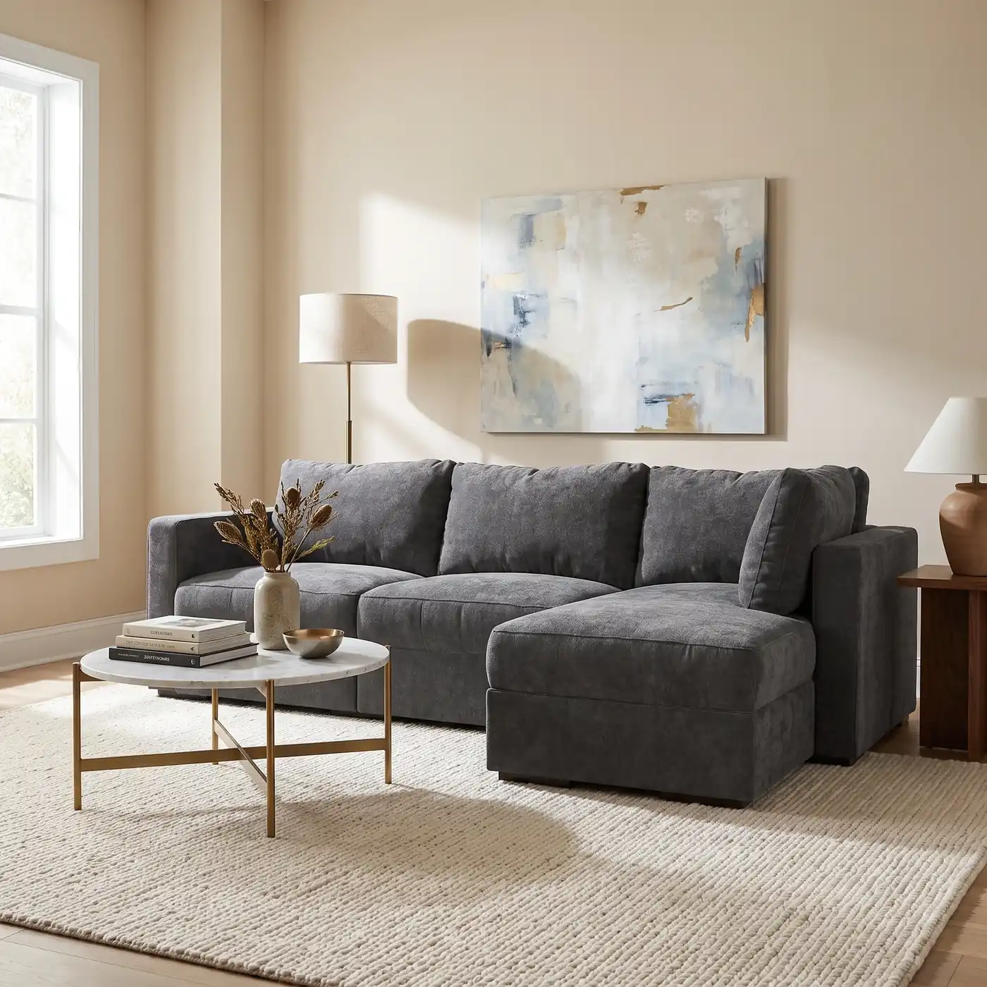Lovesac Sactional in charcoal grey with a right-facing chaise and deep seats, in a warm neutral living room with a jute rug