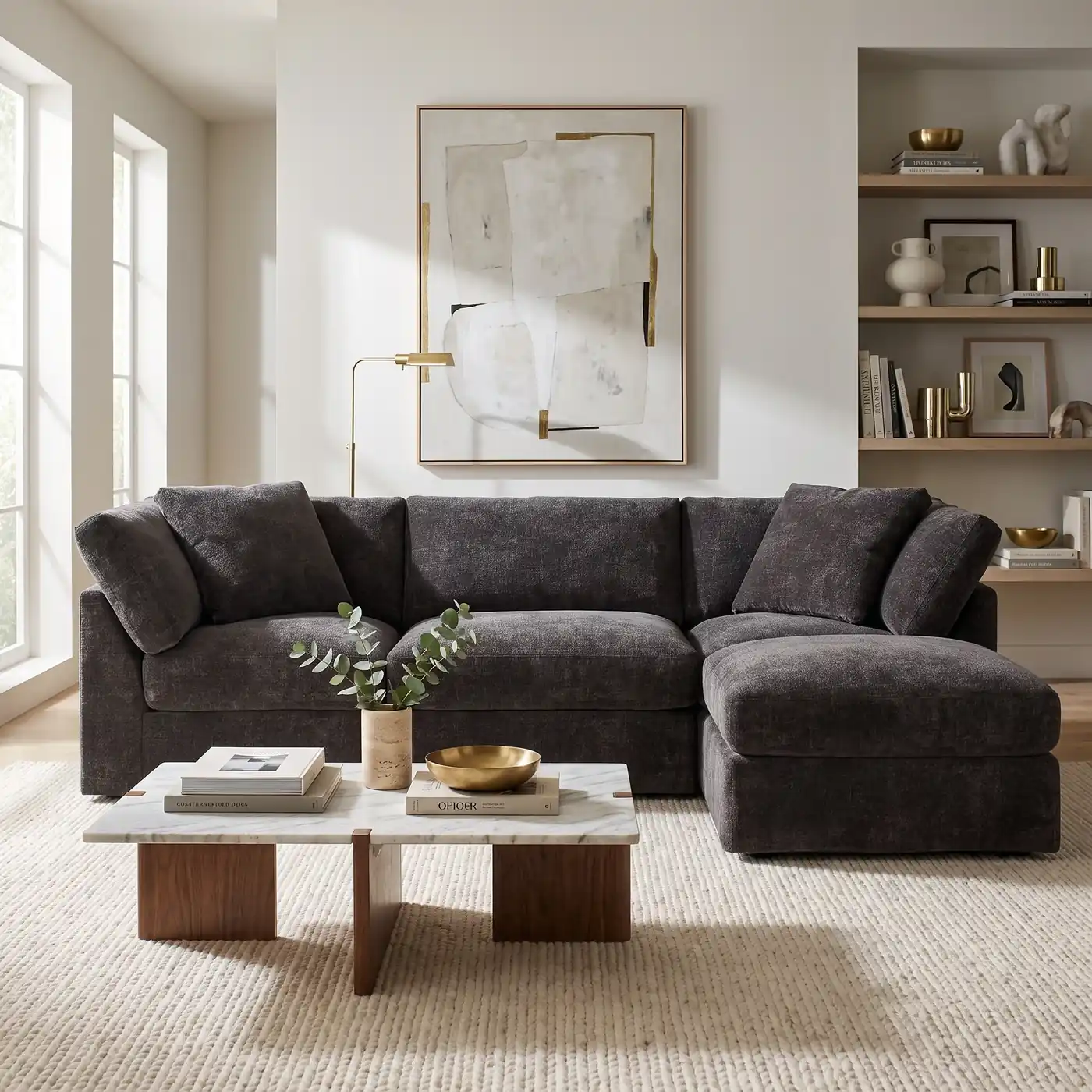 Sundays Get Together 3-piece modular sectional in dark charcoal with a corner chaise, in a bright living room with built-in shelving