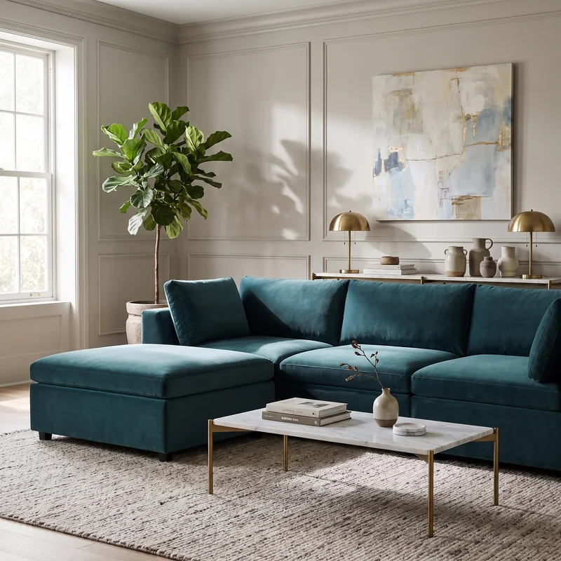 Albany Park Kova sectional in dark teal velvet in a bright living room