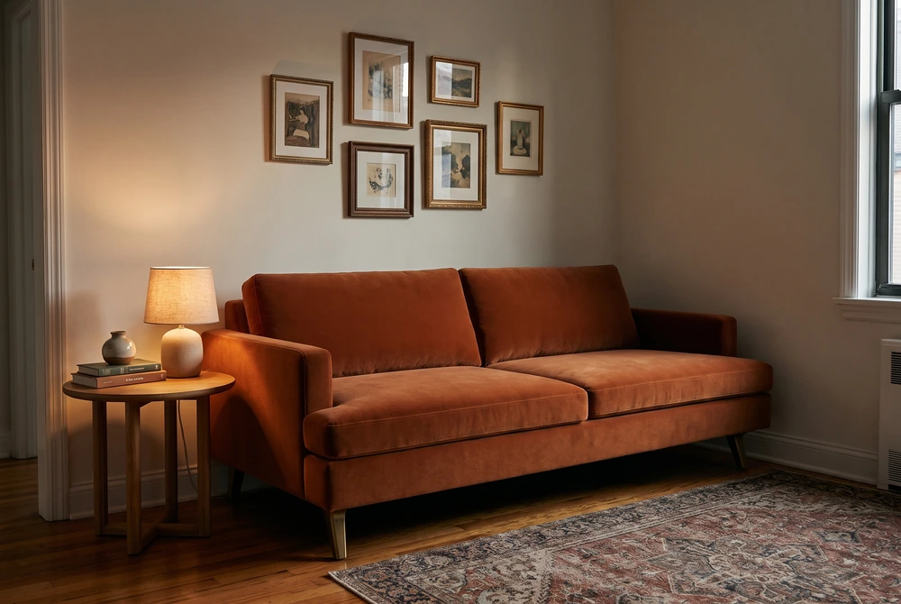 Albany Park Lido sofa in rust velvet in a small apartment living room