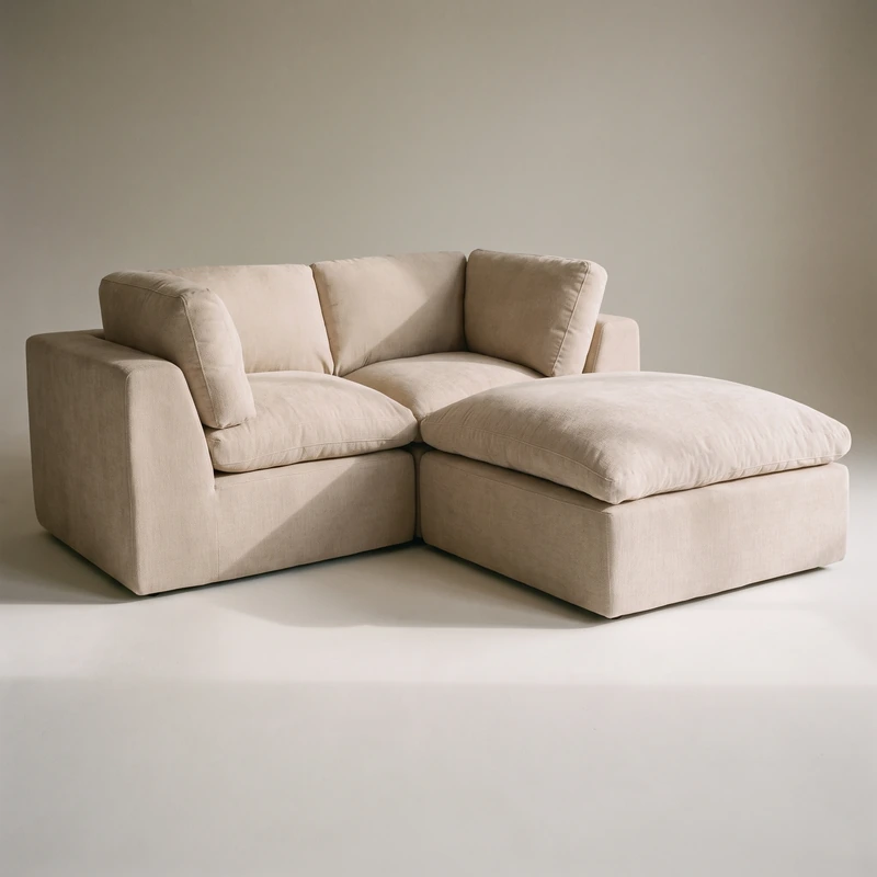 AllModern Calder Modular L-Sectional in beige polyester with detached ottoman, studio product shot