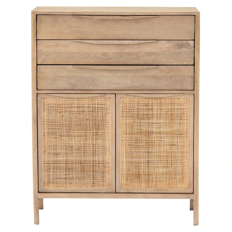 Rhian Coastal Beach Light Brown Mango Natural Woven Cane Wood Tall Chest Dresser