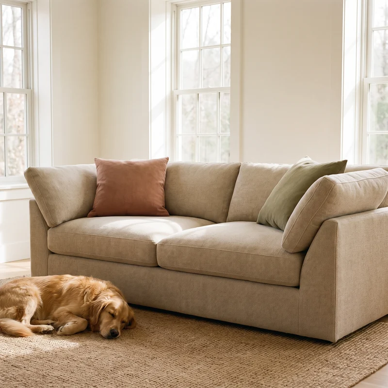 Sundays Get Together sofa in a light champagne fabric with deep seat cushions and two angled throw pillows