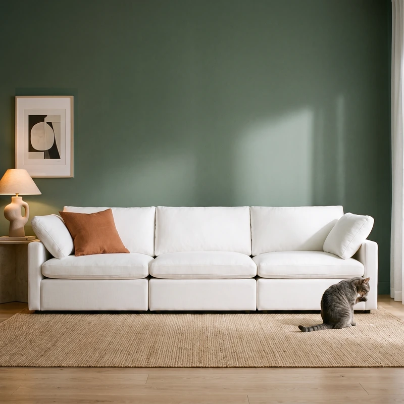 7th Avenue three-seat modular sofa in white upholstery with plump cushions and thin arms