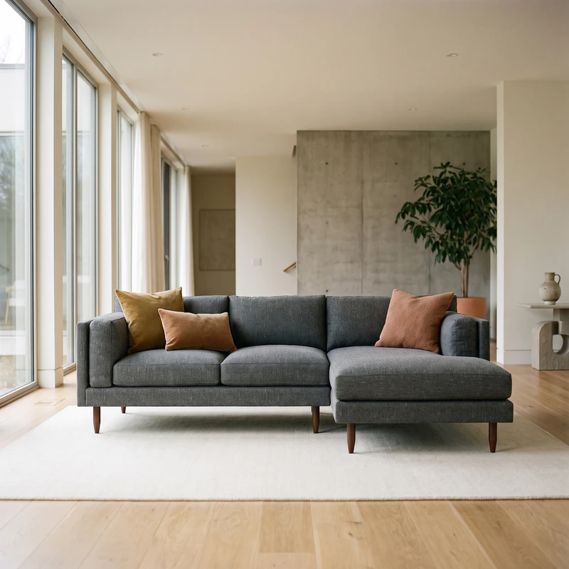 Benchmade Modern Skinny Fat sofa with chaise in charcoal gray fabric on tapered walnut legs