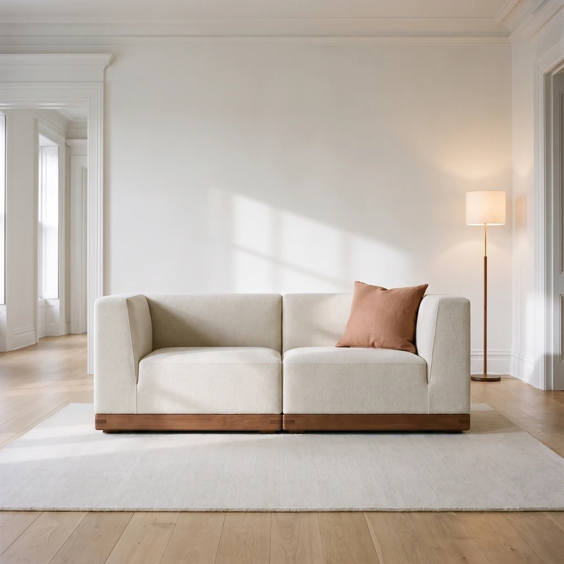 Thuma Essential modular sofa in ivory fabric with squared arms and a low back