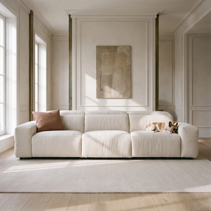 Castlery Jaron extended three-seat recliner sofa in an ivory performance fabric with wide padded arms