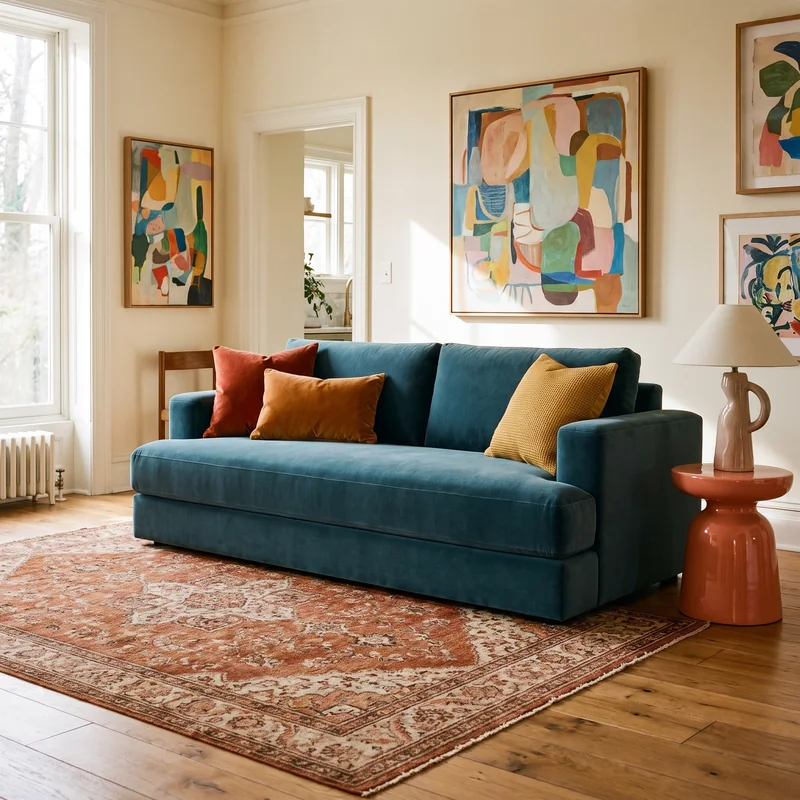 Quince Sierra curved-arm sleeper sofa in deep pine-green performance velvet with a single bench seat cushion