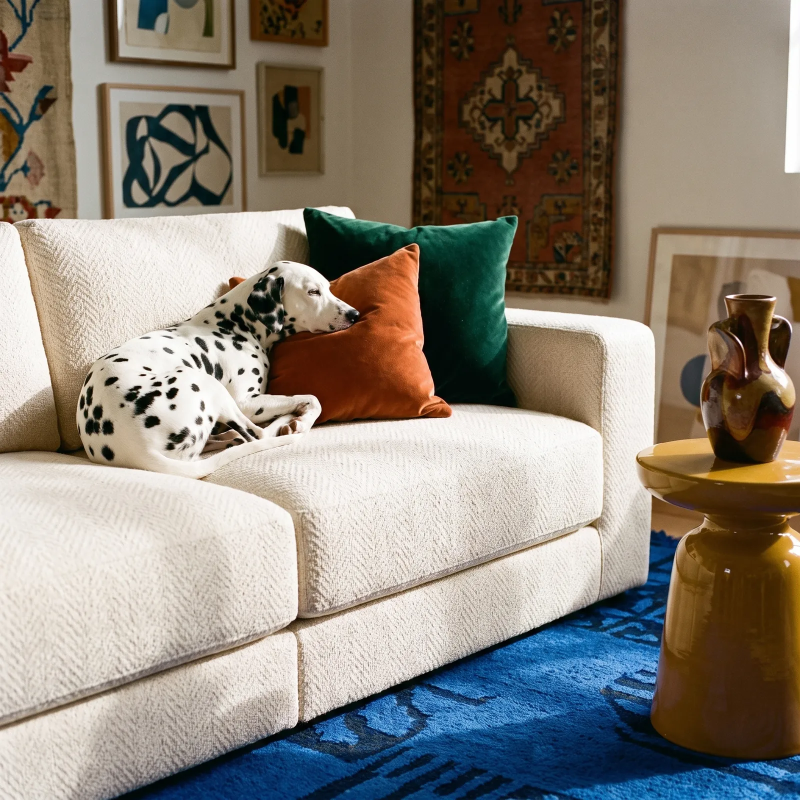 A Dalmatian curled up asleep on an ivory DreamSofa Landon sofa beside orange and green velvet pillows