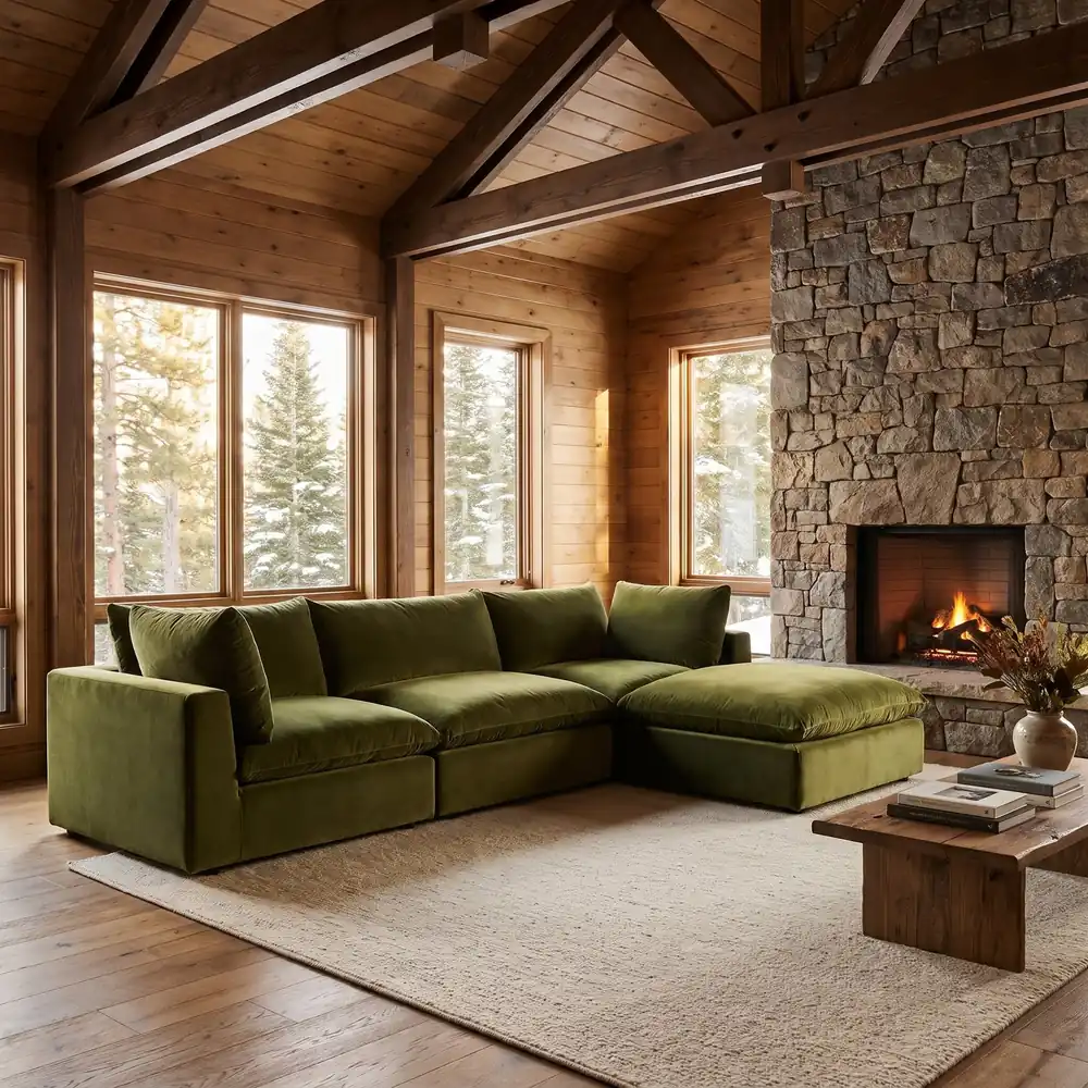 Lovesac Cush Chaise 4-Piece Sectional in Olive Plush Velvet in a timber-beamed lodge great room with a stone fireplace