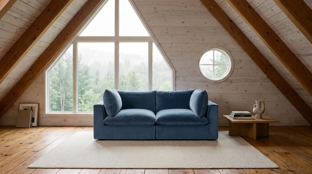 Lovesac Cush 2-Cushion Sofa in Slate Blue Plush Velvet under the exposed rafters of a whitewashed A-frame cabin loft