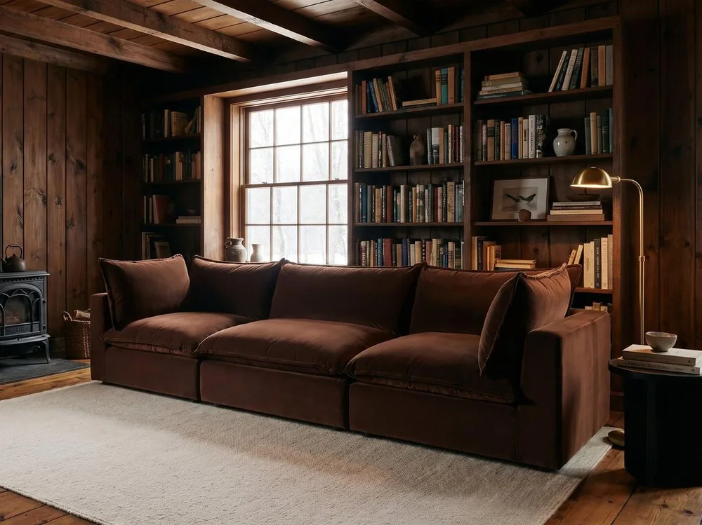 Lovesac Cush 3-Cushion Sofa in Chocolate Plush Velvet in a knotty-pine cabin library with built-in bookshelves and a wood stove