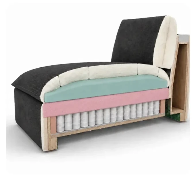Lovesac cutaway of a Cush seat showing multi-density foam layers over a bed of pocket coils inside a wood frame