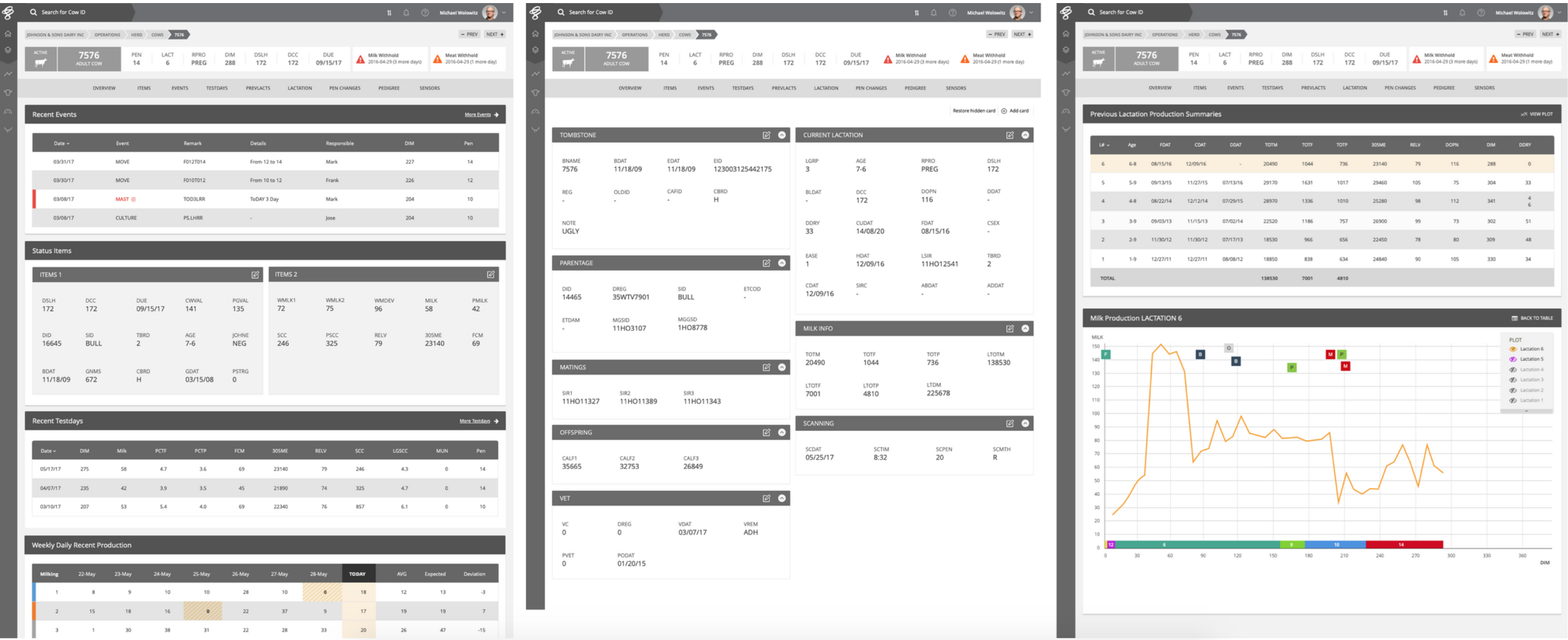 Wireframes of three screens in the Vas platform