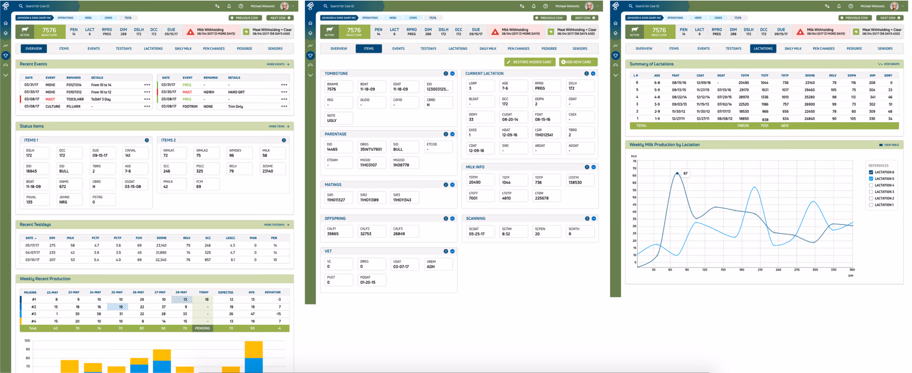 Mockups of three screens in the Vas platform