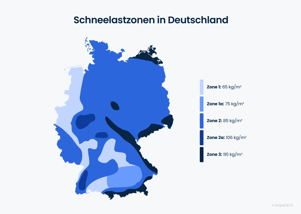 Grafik, die die fünf verschiedenen Schneelastzonen in Deutschland anzeigt.