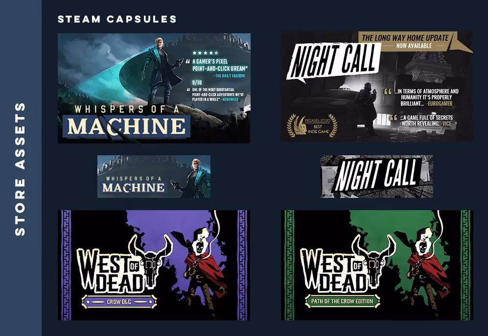 Four thumbnails of storefront banners for Whispers of a Machine, Night Call, and two West of Dead DLCs.