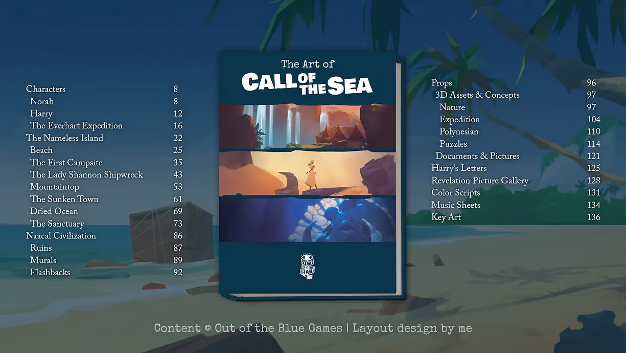 A thumbnail and table of contents for The Art of Call of the Sea art book.