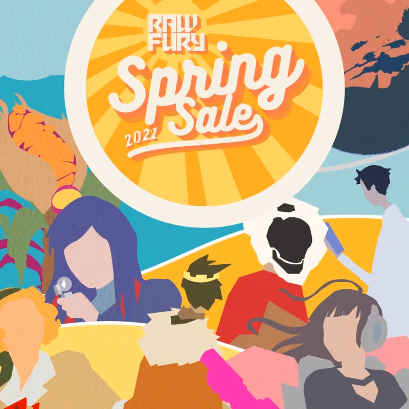 A vector lo-fi vector illustration of several people in spring scenes and colors for the Raw Fury Spring Sale 2021.