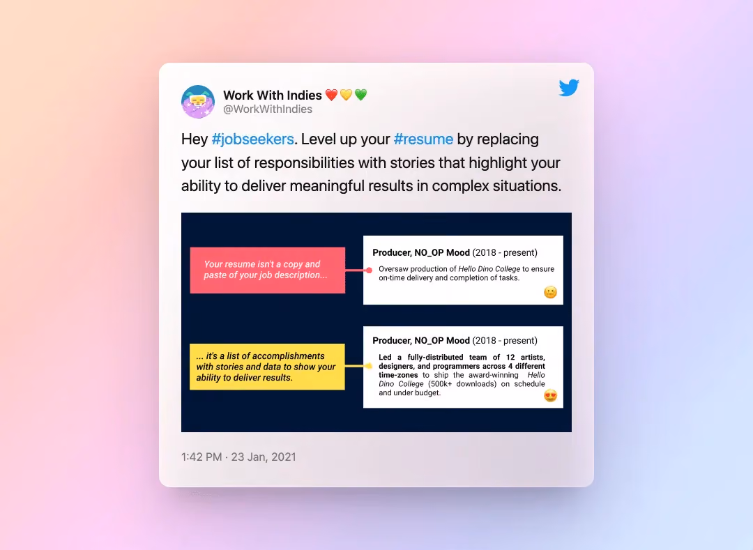 Level up your resume by replacing your list of responsibilities with stories that highlight your ability to deliver results in complex situations.y