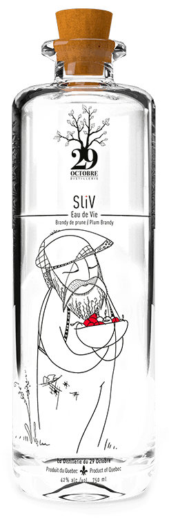Une bouteille de slivovitz qu'illustre un fermier portant un plein panier de prunes 