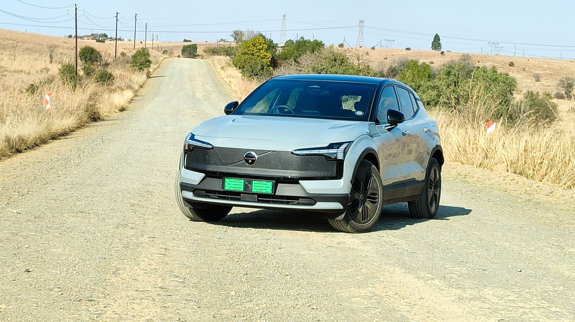 Volvo's X30 can do some gravel roading, but it's no 4x4. Seen here, it's parked on a gravel road that would be a challenge for most crossovers. 