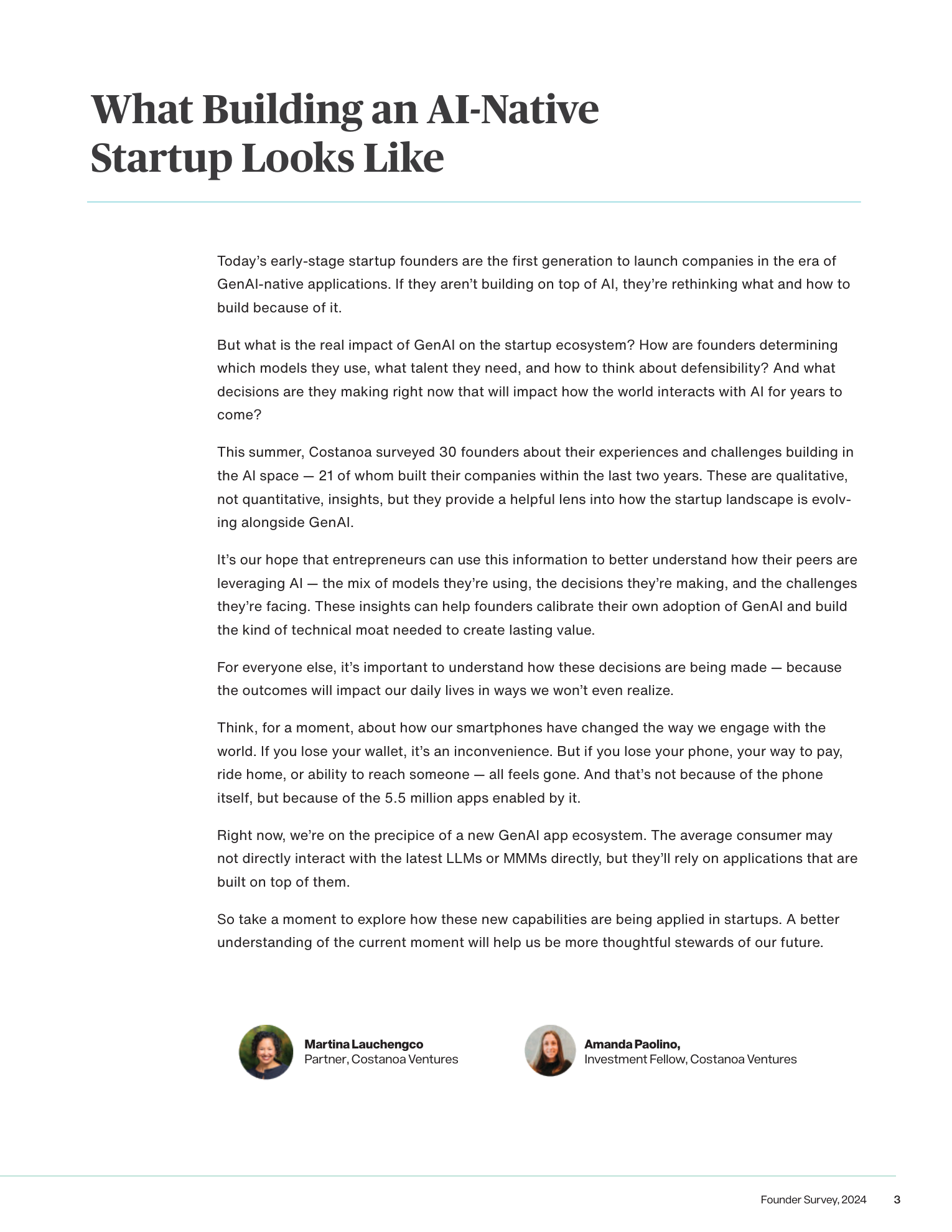 Narrative intro page from Costanoa Ventures Building an AI-Native Startup report