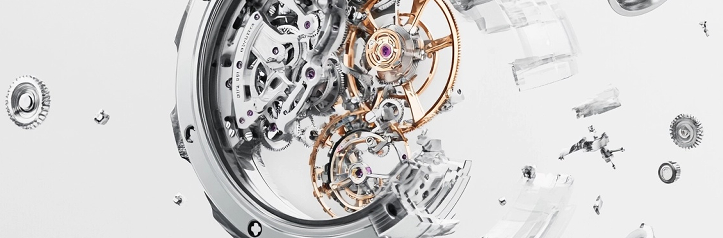 An abstract composition of floating HMS watch parts, including the hands, crown, and screws, arranged artistically to symbolize precision and deconstructed beauty