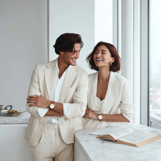 Close-up of an elegantly dressed person adjusting a classic HMS watch, embodying subtle sophistication and mature confidence