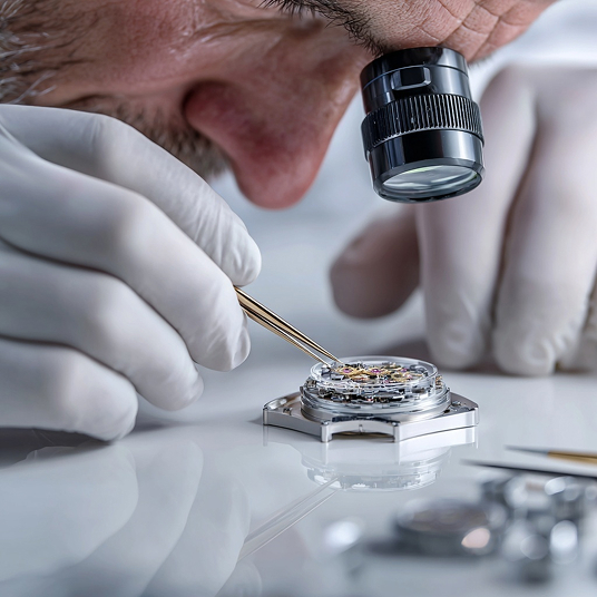 A watchmaker's hands at a workbench, surrounded by tools, visibly obsessed with perfecting the movement of an HMS timepiece