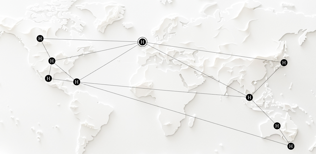 A sleek map graphic on a tablet screen, showing HMS's international reach across the world's most discerning markets