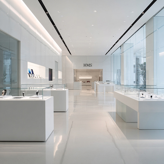 The elegant interior of an HMS space, with a watch displayed against minimalist decor that embodies mature sophistication