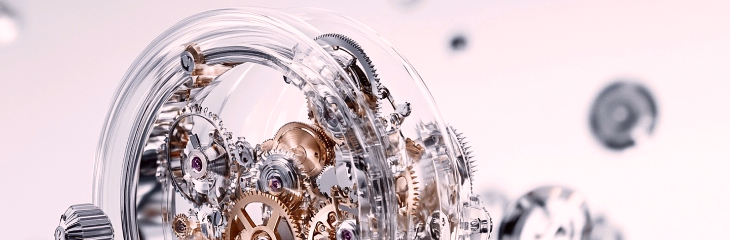 A detailed view of the floating components of an HMS watch movement, showcasing the gears, springs, and engineering that represent the fusion of technology and art