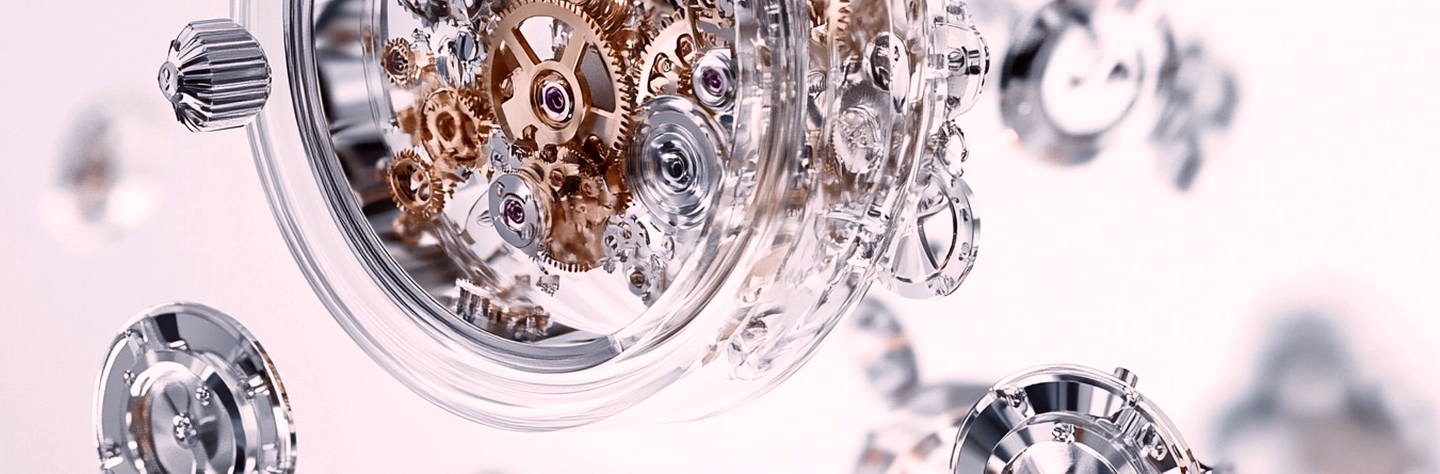 An artistic explosion view of an HMS watch, with its intricate components like the movement, case, and dial floating in a harmonious and precise arrangement