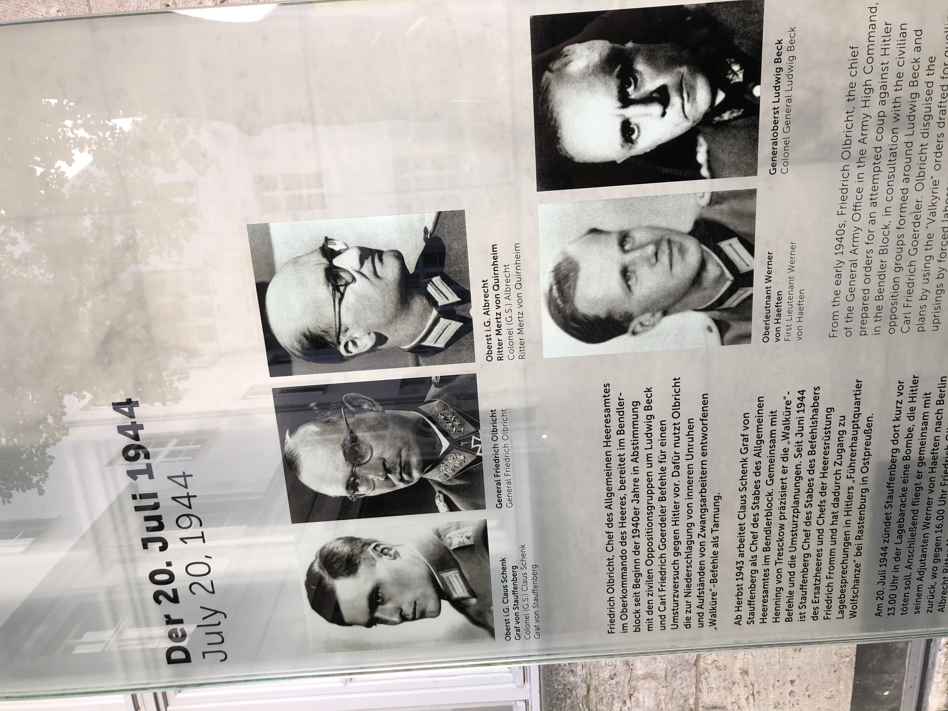 Exhibit panel about the July 20, 1944 assassination attempt on Adolf Hitler, showing portraits of Claus Schenk von Stauffenberg, Friedrich Olbricht, Albrecht Ritter Mertz von Quirnheim, Werner von Haeften, and Ludwig Beck at the German…