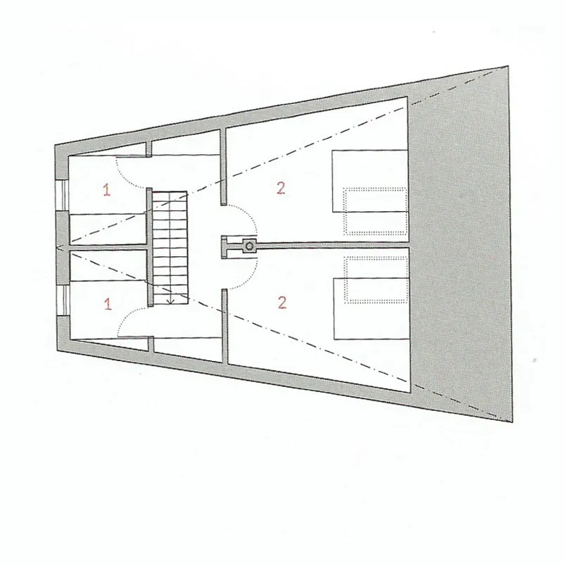 Půdorys 2. nadzemního podlaží – dvě ložnice a dva pokoje s patrovými postelemi