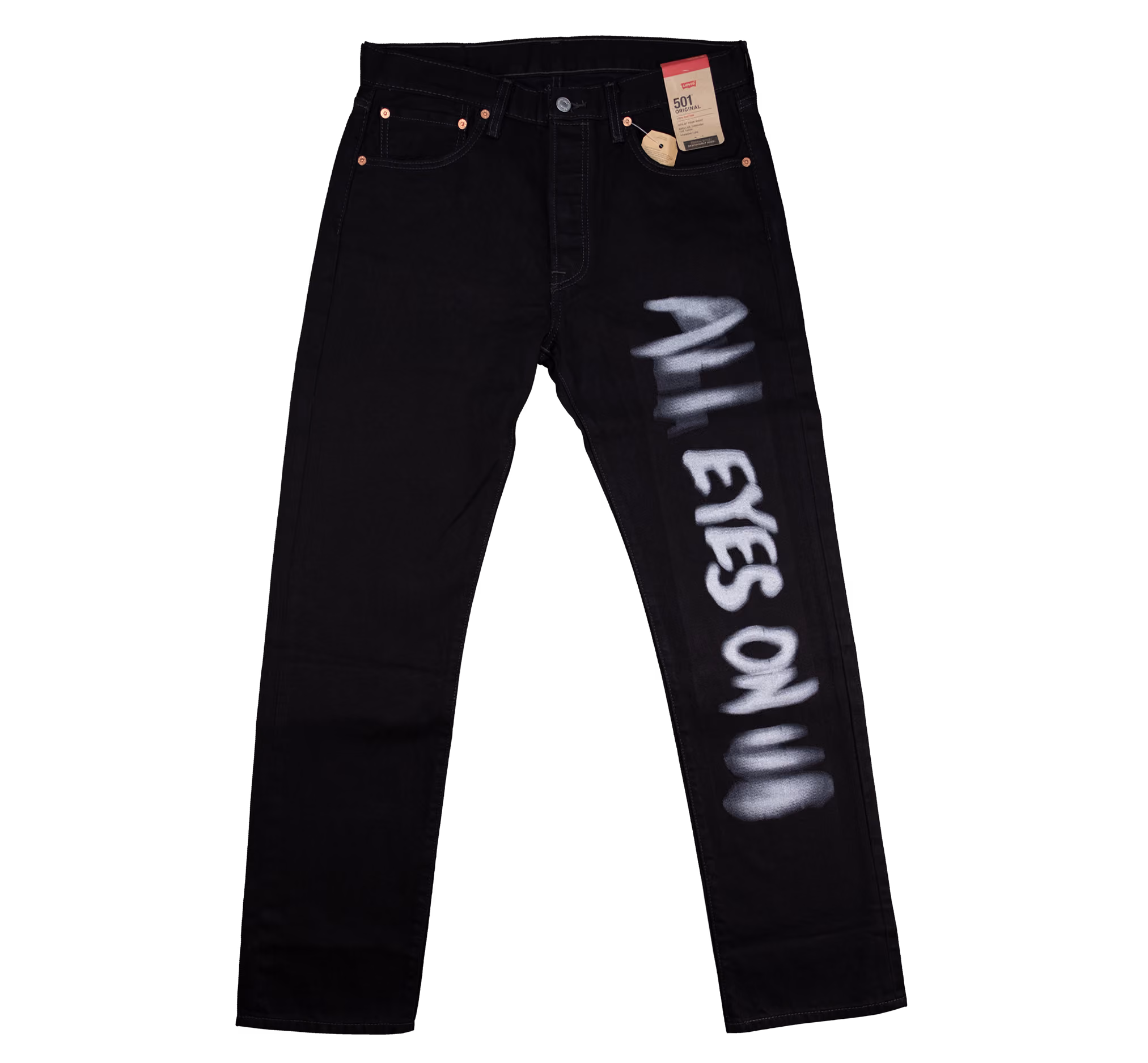 black levi 501 screen printed jeans all eyes on us