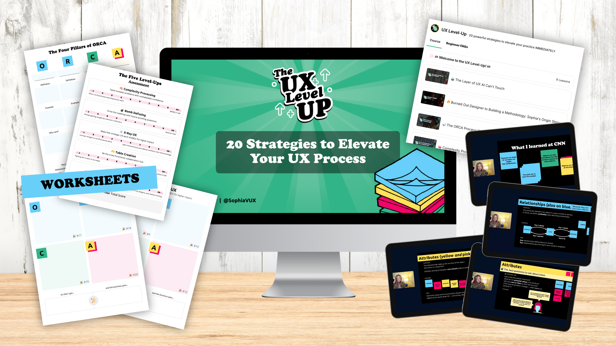 Promotional graphic for the UX Level-Up course, featuring a desktop monitor with the text “20 Strategies to Elevate Your UX Process,” surrounded by ORCA worksheets, assessment materials, a course lesson dashboard, and tablet screens showing UX training slides.