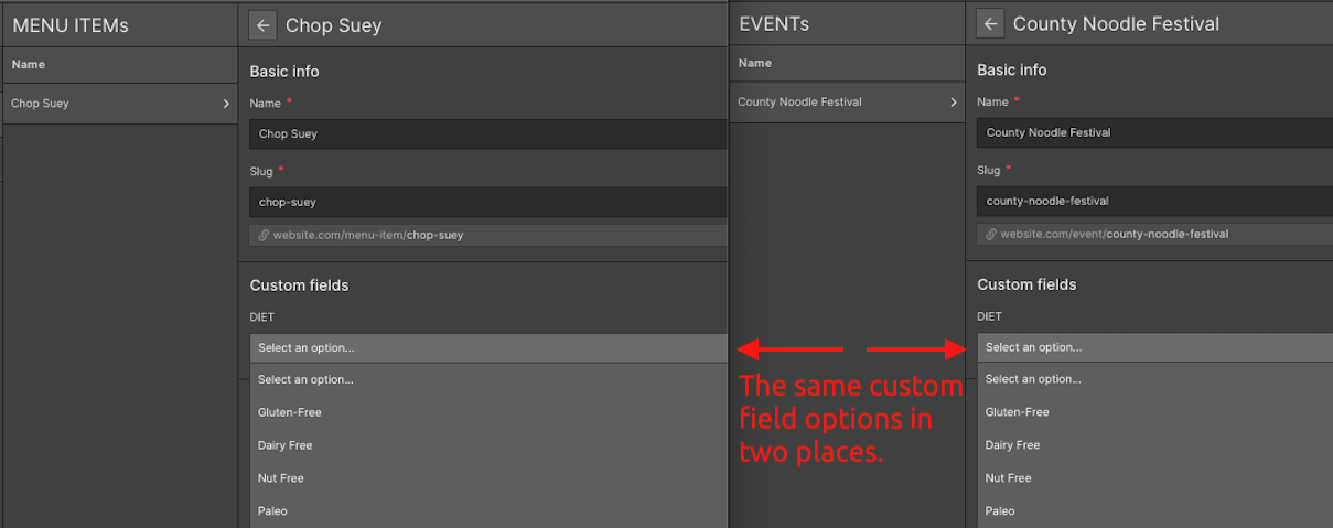 A screenshot of two different CMS collections: Menu Items and Events. Both have the same metadata custom field dropdown for DIET, which includes the options dairy free, gluten free, nut free, and paleo.