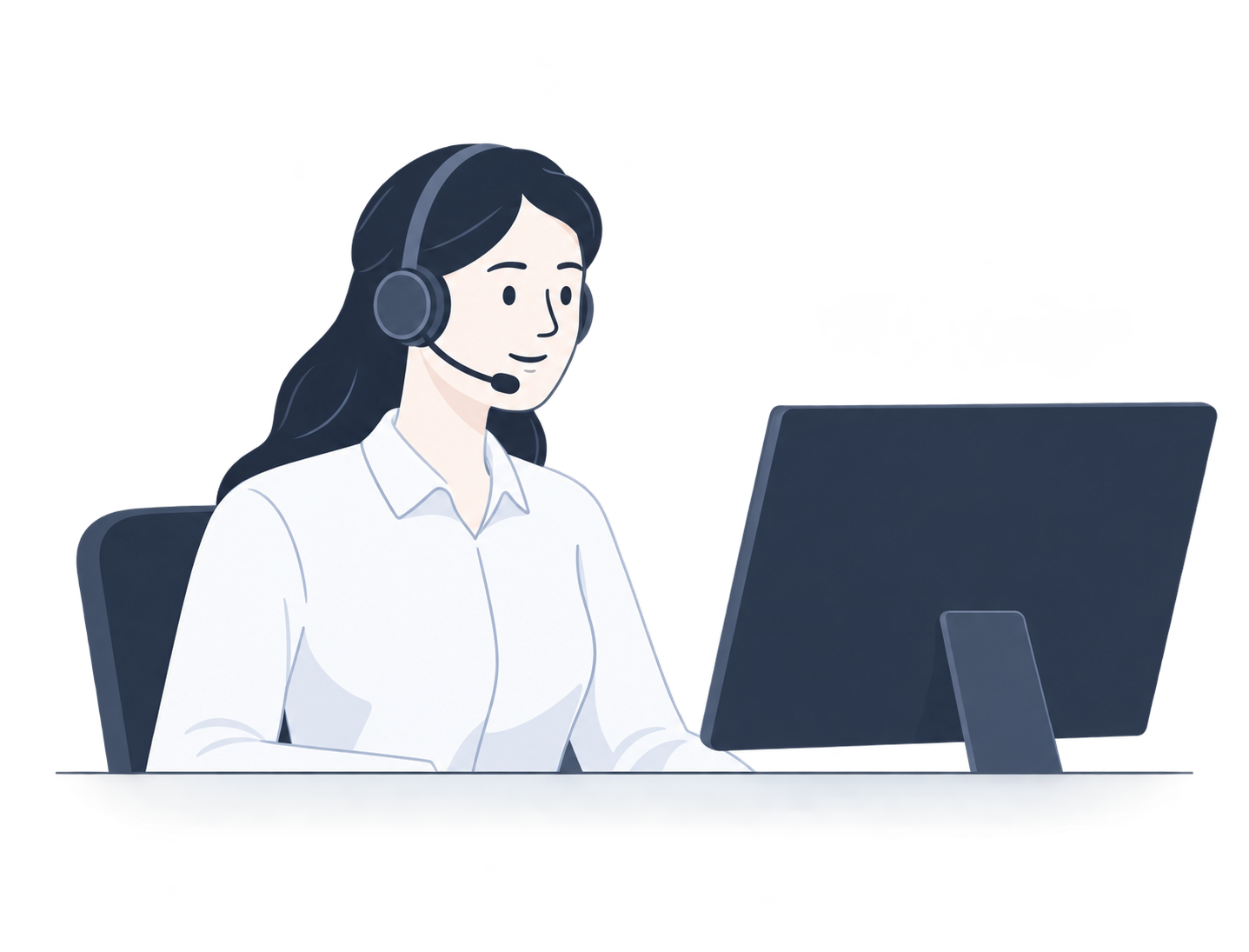 Call center agent with a headset at a computer