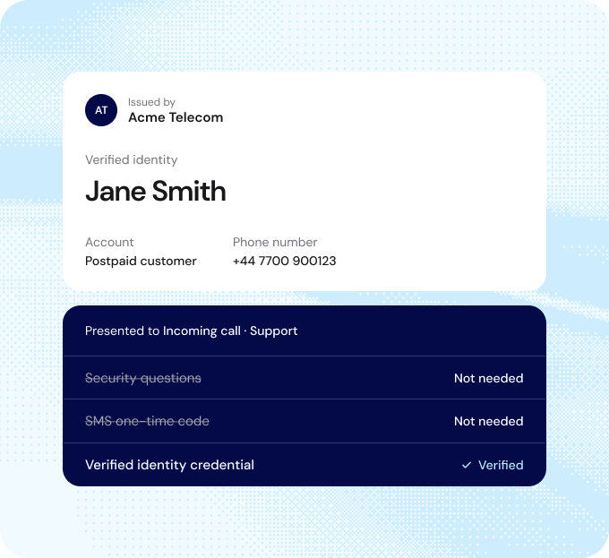 A verified identity credential for Jane Smith presented to a support call, replacing security questions and SMS codes