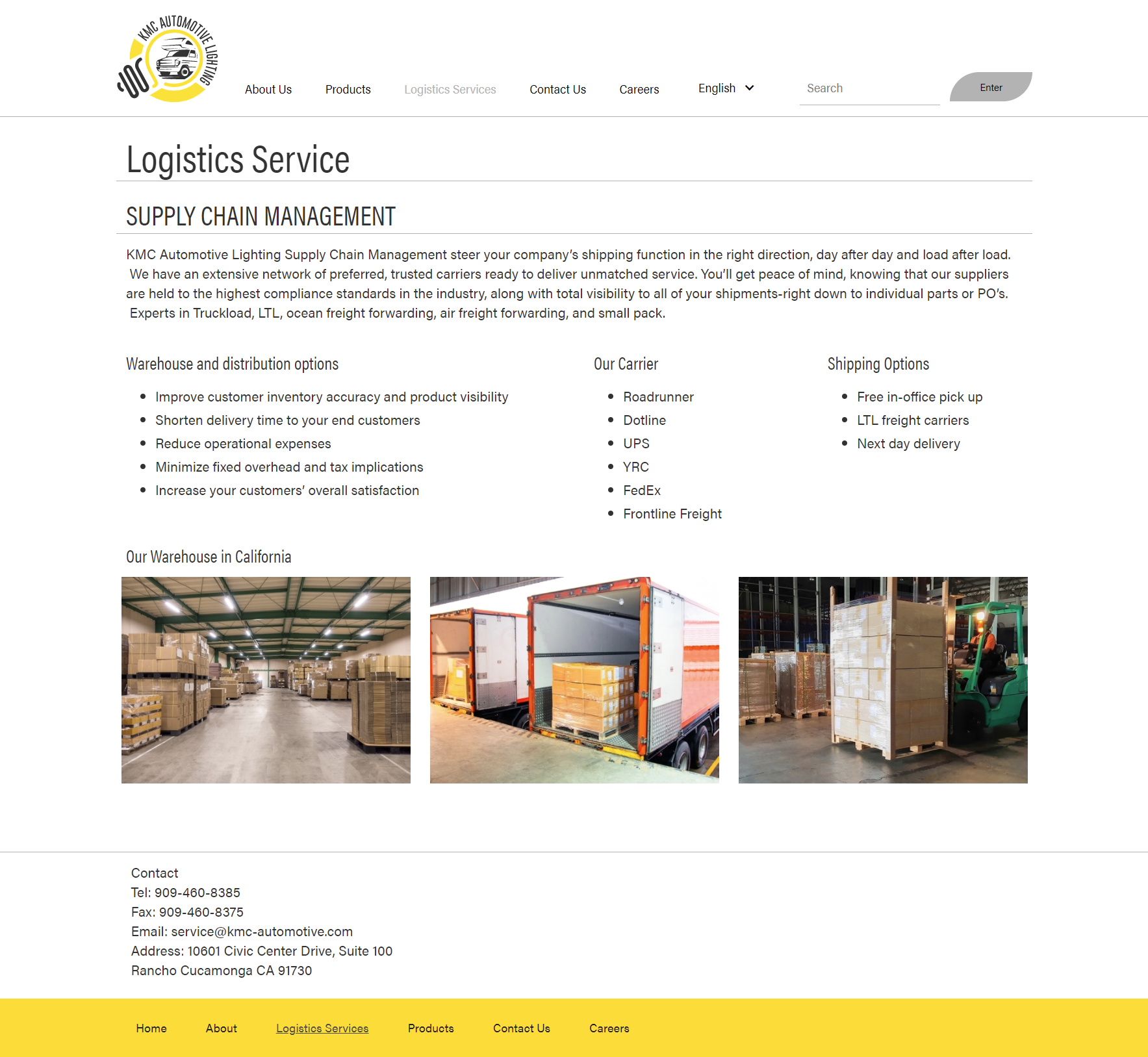 KMC Automotive Lighting Website Logistics Service Page
