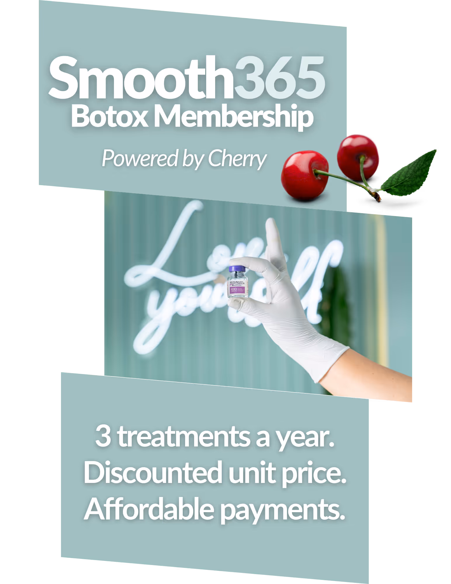 hand holding a bottle of botox, background says Love yourself