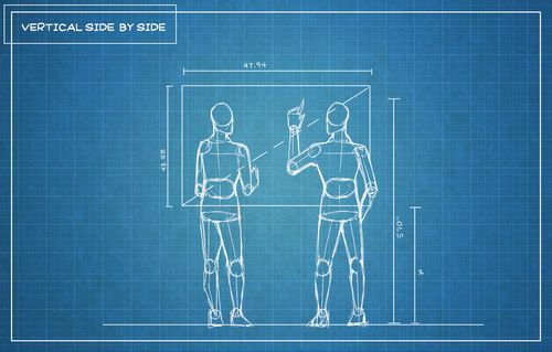 Scientific Drawing depicting two people standing side by side, collaboratively using a touchscreen mounted on a wall..