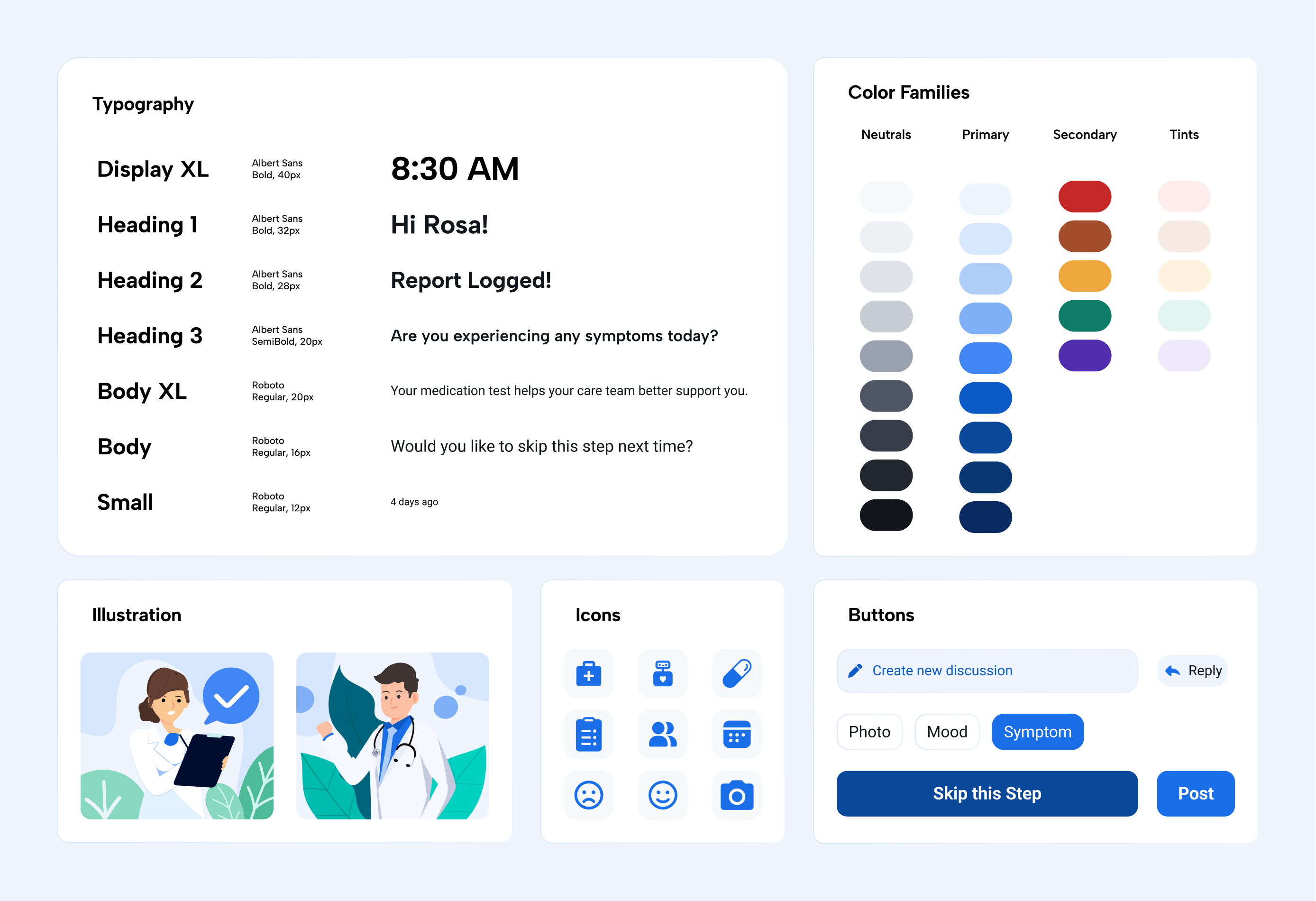 Design system sheet with type specimens, colour ramps, icon and illustration sets, and button states.