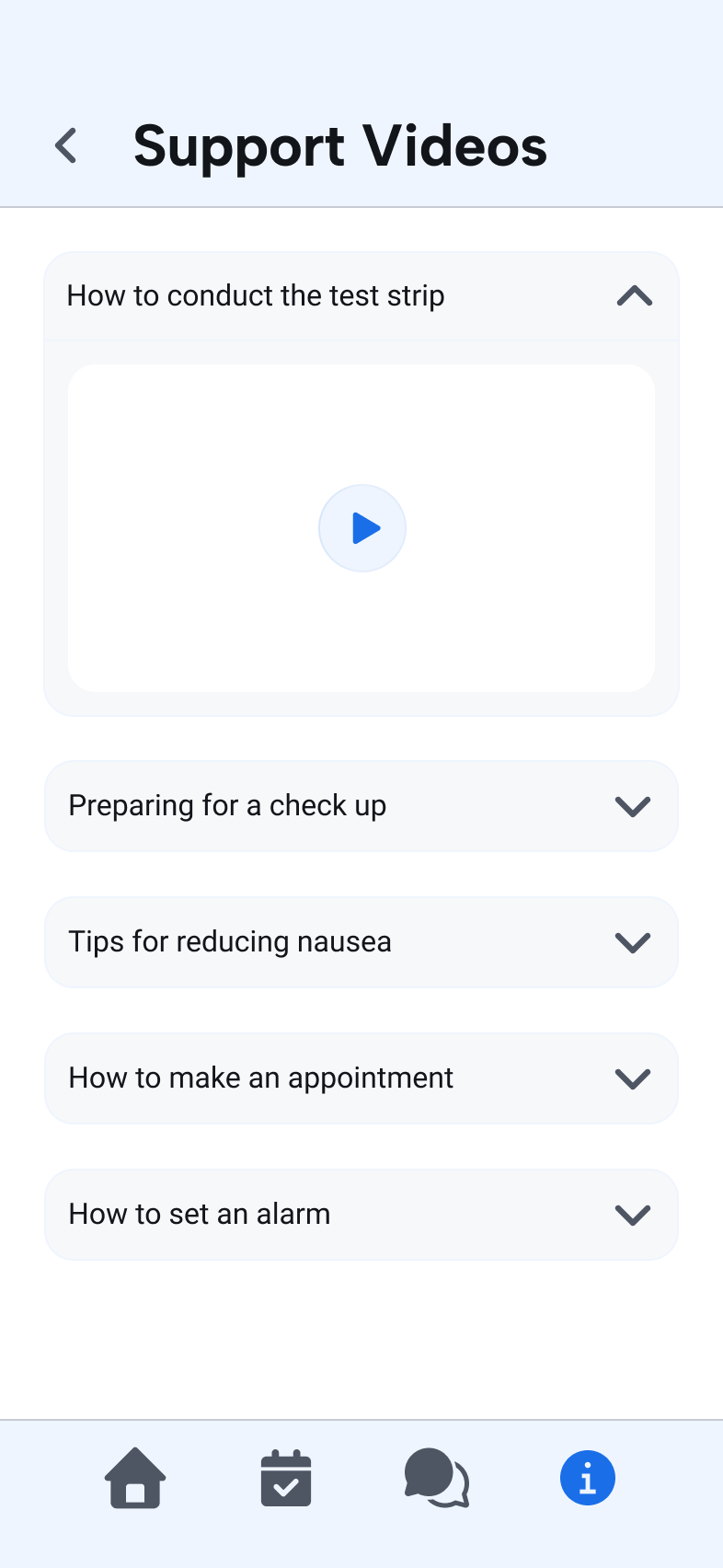 Educational video library covering medication tests and clinic procedures.